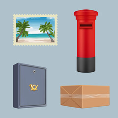 Poster - Post office tools. Envelopes boxes wax stamp post packages decent vector realistic pictures collection