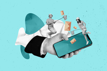 Poster - Creative advert illustration collage spam incoming message two friends catching fishnet virus sms phone screen isolated on blue background