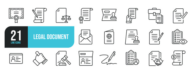 Set of line icons related to legal documents, permission, grant, declaration. Outline icons collection. Editable stroke. Vector illustration.