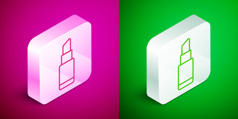 Sticker - Isometric line Lipstick icon isolated on pink and green background. 8 March. International Happy Women Day. Silver square button. Vector