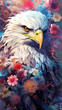 Hand drawn cartoon illustration of bald eagle among flowers
