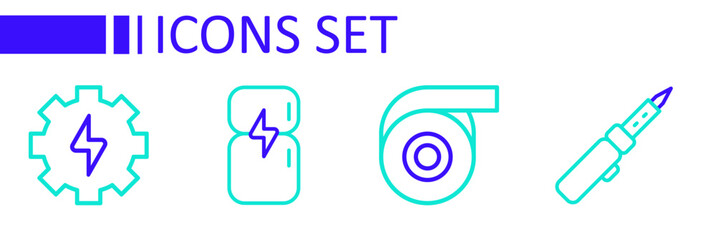 Poster - Set line Soldering iron, Roll adhesive tape, Refrigerator and Gear and lightning icon. Vector