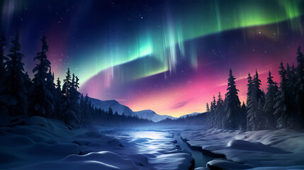 Wall Mural -  aurora borealis above snow covered landscape with stream