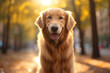 Golden retriever in autumn park with leaves. dog on the nature in the fall. Walk with a pet outdoor
