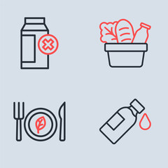 Wall Mural - Set line Shopping bag and food, Vegan diet, Bottle of water and Lactose intolerance icon. Vector