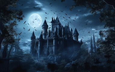 Wall Mural - Horror castle in the dark forest at night