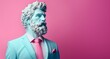 Fashionable ancient Greek male marble statue, suit and tie, with beard. Pastel colors, pink and blue. Minimal humorous concept of art, modern philosophy, democracy, historical fiction. Copy space