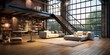 Modern Home Living: Mezzanine View in Industrial Loft with Reconstructed Wood Floor and Luxury Decoration - 3D Interior Rendering