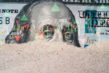 Poster - Closeup Benjamin Franklin face on USD banknote with stock market chart graph for currency exchange and global trade forex concept.