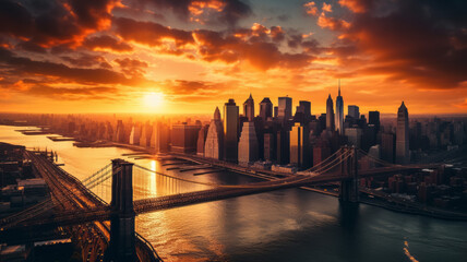 View of a bridge and skyline at sunset.