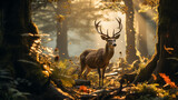 Fototapeta  - Deer in the forest at sunrise