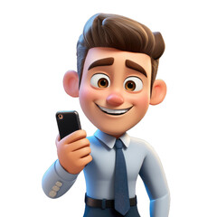 Wall Mural - Emoji happy man with a phone on a transparent background. Memoji PNG