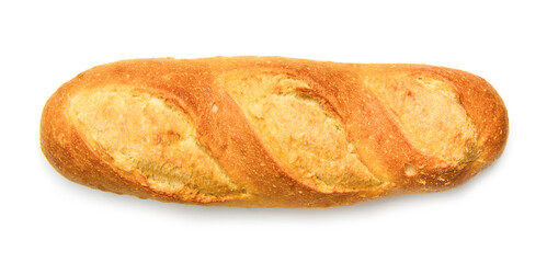 Bakery bread. Freshly baked bread isolated on white background, top view. Delicious, crispy loaf.