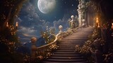 Fototapeta Konie - An ancient antique staircase rising up in a luxurious garden of roses, fantasy landscape, moon. Generation AI