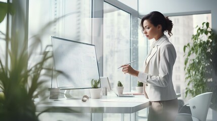 A businesswoman writes on a white board in the office, an entrepreneur draws up a plan and strategy for business development.