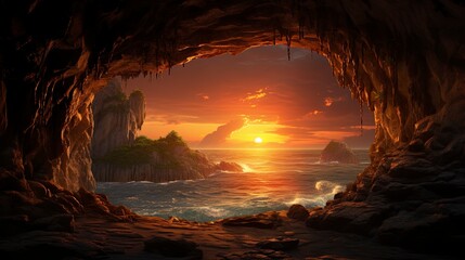 Wall Mural - Mountain cave overlooking a beautiful neon sunset. Generation AI