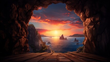 Wall Mural - Mountain cave overlooking a beautiful neon sunset. Generation AI