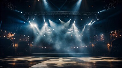 Wall Mural - spectacular empty stage for a show, neon light, safits, spotlights. generation ai