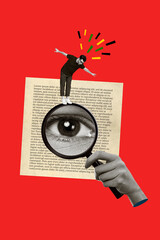 Poster - Collage banner poster of little guy standing on large magnifying glass search for sales in book page