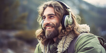Adventurous hippie man enjoying hike with noise-cancelling headphones.