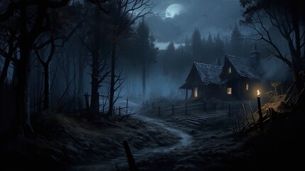 Wall Mural - Night dark fantasy landscape, old house with horror stories. Generation AI