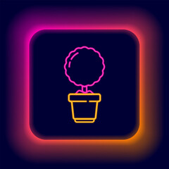 Sticker - Glowing neon line Flower in pot icon isolated on black background. Plant growing in a pot. Potted plant sign. Colorful outline concept. Vector