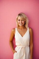 Wall Mural - Woman in white dress posing for picture against pink wall.