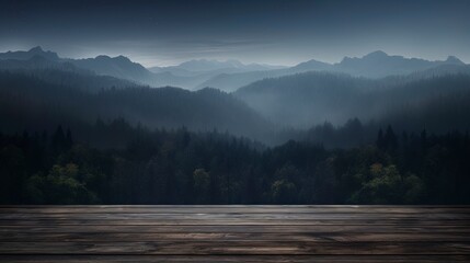 Wall Mural - Wooden table against the backdrop of a night landscape with mountains and a foggy forest. Generation AI