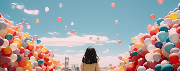 Wall Mural - young girl with many color ballons flying over her head. copy space for text.