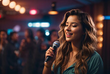 Beautiful Young Woman Singing Into A Microphone In A Nightclub. Karaoke Singer. Music Concept.