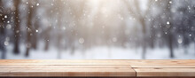 Winter Christmass Mocup, Empty Wooden Table In Front Of Winter Background. Copy Space For Text.