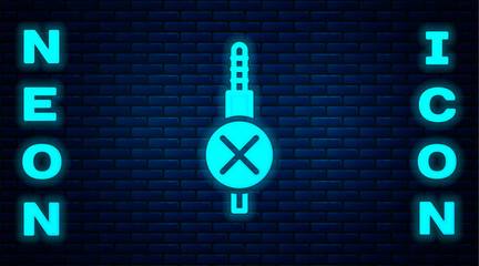 Poster - Glowing neon No audio jack icon isolated on brick wall background. Audio cable for connection sound equipment. Plug wire. Musical instrument. Vector