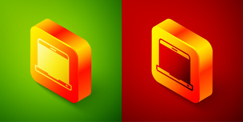Poster - Isometric Laptop icon isolated on green and red background. Computer notebook with empty screen sign. Square button. Vector