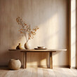Rustic wood console table against beige stucco wall with copy space. Japandi interior design of modern entrance hall.