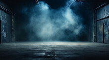 The Dark Stage Shows, Dark Blue Background, An Empty Dark Scene, Neon Light, Spotlights The Asphalt Floor And Studio Room With Smoke Float Up The Interior Texture For Display Products