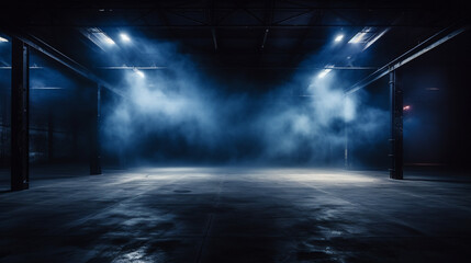 Wall Mural - Background of an empty dark street, premises at night, concrete pavement, tile. Neon light, spotlight, smoke, smog