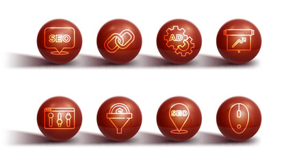 Poster - Set line SEO optimization, Browser setting, Board with graph chart, Lead management, Chain link, Computer mouse and Advertising icon. Vector