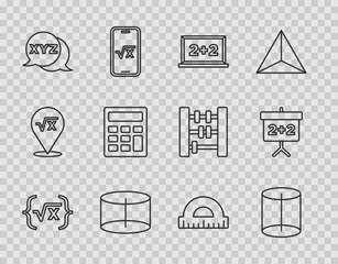 Poster - Set line Square root of x glyph, Geometric figure, Chalkboard, Cylinder, XYZ Coordinate system, Calculator, Protractor and icon. Vector