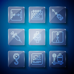 Poster - Set line Hand scale spring mechanical, Area measurement, Scale with suitcase, Laser distance measurer, Smart watch, Syringe, and Depth icon. Vector