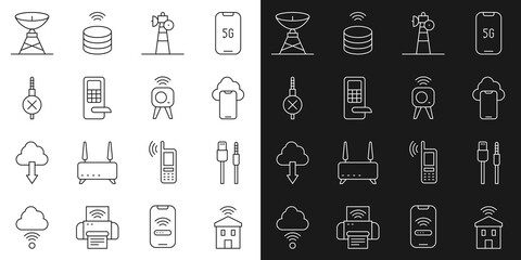 Poster - Set line Smart home with wi-fi, USB cable cord, Cloud technology data, Satellite dish, Digital door lock, No audio jack, and Web camera icon. Vector