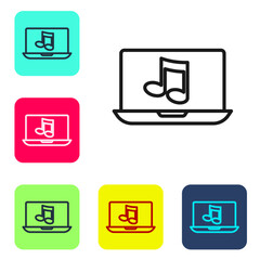 Poster - Black line Laptop with music note symbol on screen icon isolated on white background. Set icons in color square buttons. Vector