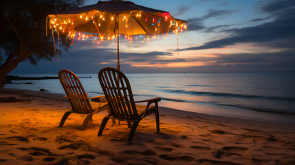 Wall Mural - Beach chairs and umbrella - Christmas lights - festive - beach - holiday - vacation - getaway - rest - relaxation - tropical resort 