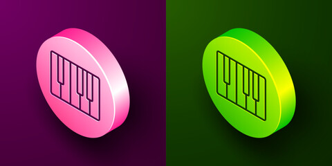 Wall Mural - Isometric line Music synthesizer icon isolated on purple and green background. Electronic piano. Circle button. Vector