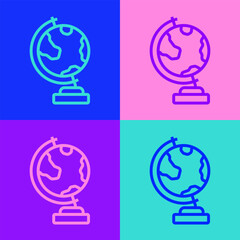 Poster - Pop art line Earth globe icon isolated on color background. Vector