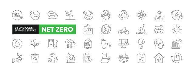 Set of 36 Net Zero line icons set. Net Zero outline icons with editable stroke collection. Includes Net Zero, Solar Energy, Wind Turbine, Carbon Footprint, Sustainability, and More.