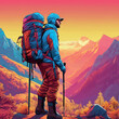 man with backpack on mountain peak, 3d illustration. man with backpack on mountain peak, 3d illustration. man with backpack in mountains at sunrise