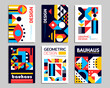 Modern abstract bauhaus posters. Geometric pattern of minimal vector graphic background with color circles, squares and triangles. Retro bauhaus pattern with collage of simple geometric shapes