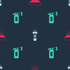 Sticker - Set Fire sprinkler system, Flashlight and extinguisher on seamless pattern. Vector