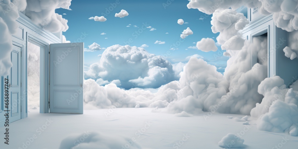 Generative AI, White blue fantastic 3d clouds in the room interior, sky ...