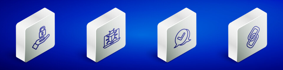 Sticker - Set Isometric line Lock in hand, System bug on monitor, Check mark speech bubble and Chain link icon. Vector